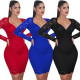 Women Pure Color V Neck Lace Patchwork Party Bodycon Dress HH8906