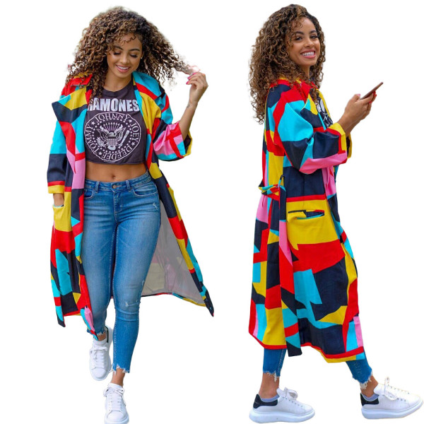 Female Long Sleeves Pockets Multicolored Casual Belted Cardigan Coat BLX7357