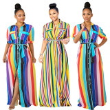 Fashion Women Colorful Shirt Short Sleeves Maxi Dress WMY028