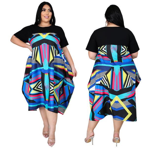 Plus size women's stitching printed fashion dress YF1168