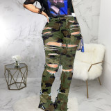 Individuality hole high waist camouflage trousers stitching micro bell bottom pants HSF2090