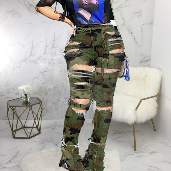 Individuality hole high waist camouflage trousers stitching micro bell bottom pants HSF2090