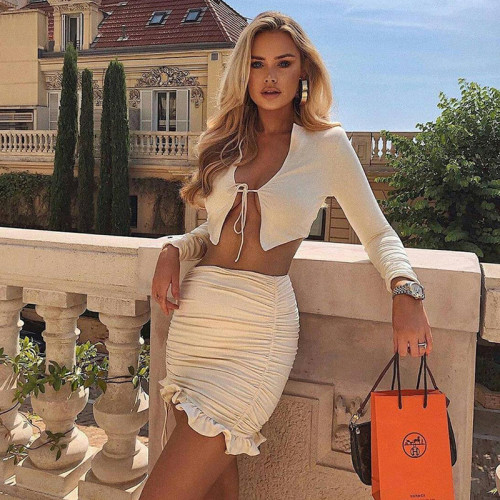 Sexy Solid Color Long Sleeves Lace-Up Cardigan With Pleated Drawstring Mini Skirt Two Piece Set S173