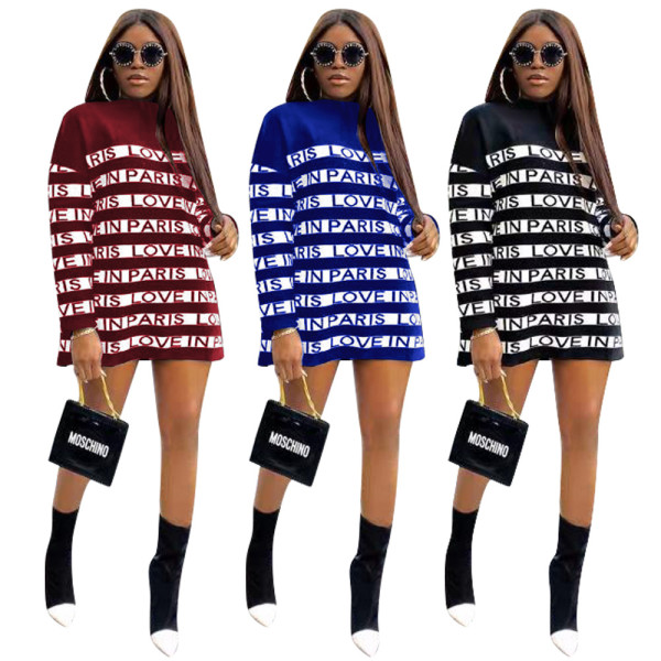 Leisure Cheap Letter Printed Long Sleeves O Neck Loose Dress HH8904