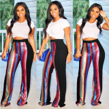 Trendy Women Bling Stripe Patchwork Long Pants OEP5286