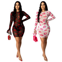 Sexy Perspective Mesh Lips Printed Flared Sleeve Pencil Dress QQM3938