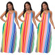 Casual Coloring Striped Printed Suspenders Large Size Long Dress XM1130