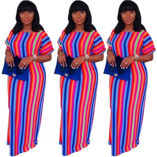 Wholesale Price Hot Colorful Stripe Blouse Maxi Dresses E8113