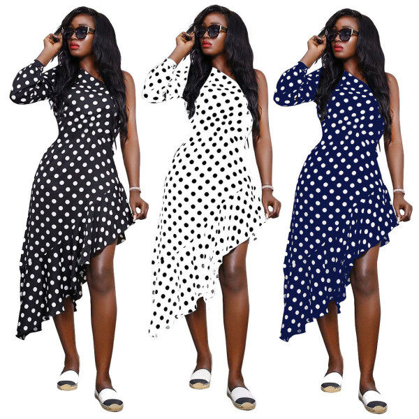 Asymmetric Single Long Sleeve Polka Dot Print Casual Dress A8522