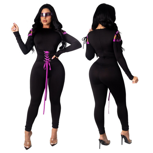 Large size solid color contrast sexy long-sleeved sexy jumpsuit women MY9744