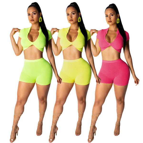 Factory Price Plain Color Sexy Bodycon Ribbed Shorts Suits ML7202