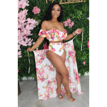 Sexy Flower Printed Irregular Off Shoulder Bikini With Cloak Two Piece Suit Q609