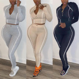 Fashion Solid Color Zipper V-Neck Long Sleeves With Drawstring Trousers Two Piece Set KSN8023