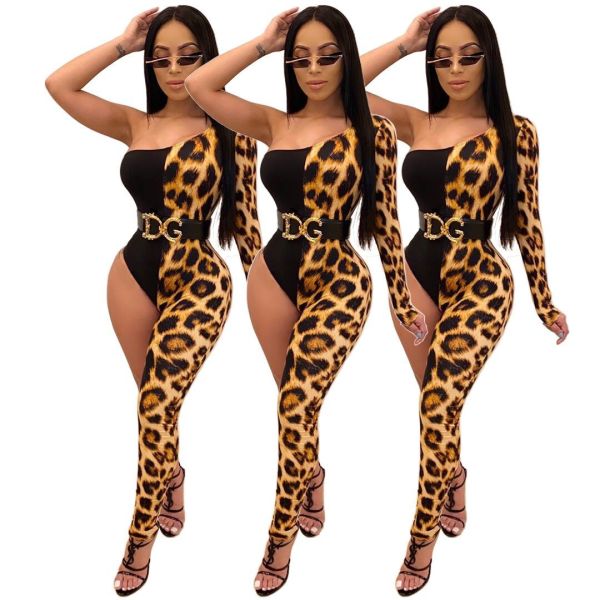 Personality Leopard Printed Patchwork Single Sleeve Irregular Jumpsuit YS326
