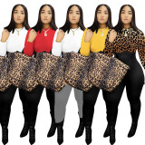 Fashion Irregular Leopard Printed Stitching Round Neck Long Sleeves Bodycon Jumpsuit Q701