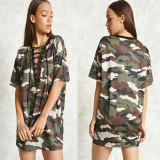 Promotion Camouflage Bandage V Collar T Shirt Ladies Dress H802