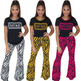 Zebra Printing Casual Outfits Letters T Shirt Flares Pants ML7255