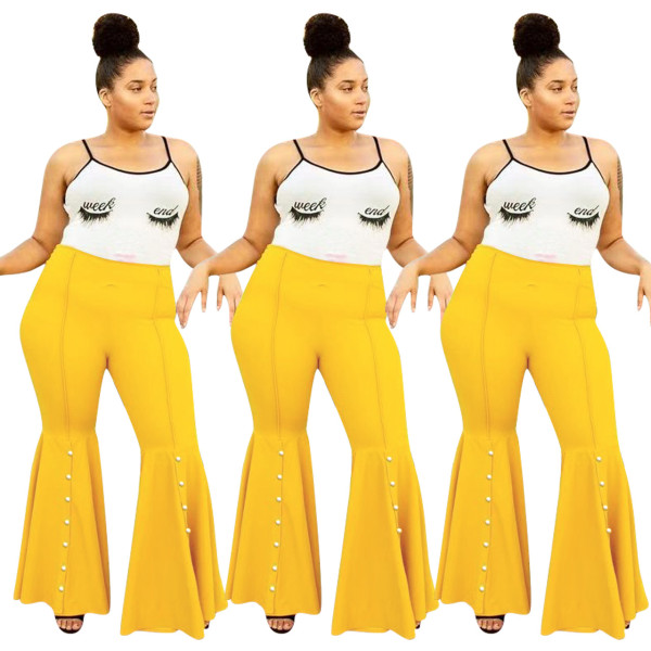 Yellow Mid Waist Oversize Bell-Bottomed Pants With Beaded ED8123