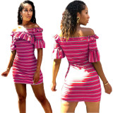Wholesale Price Stripe Off Shoulder Pleated Short Dress LA3046