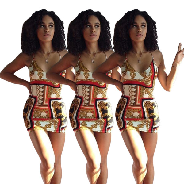 Factory Price Women Printing Spaghetti Strap Mini Dresses ML7104