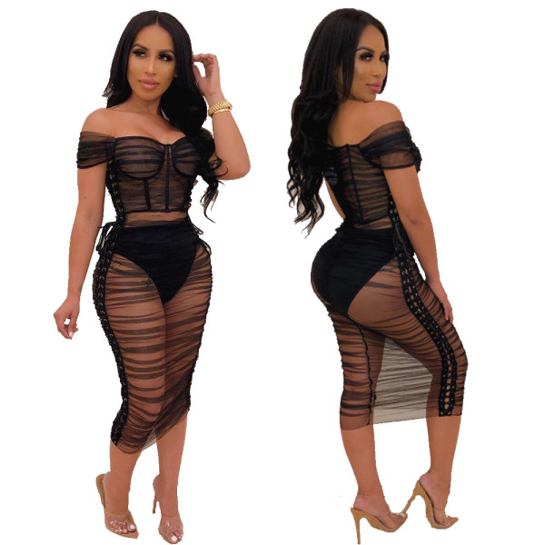 Sexy Pleated Mesh Off Shoulder Perspective Dress With Panty BN9170