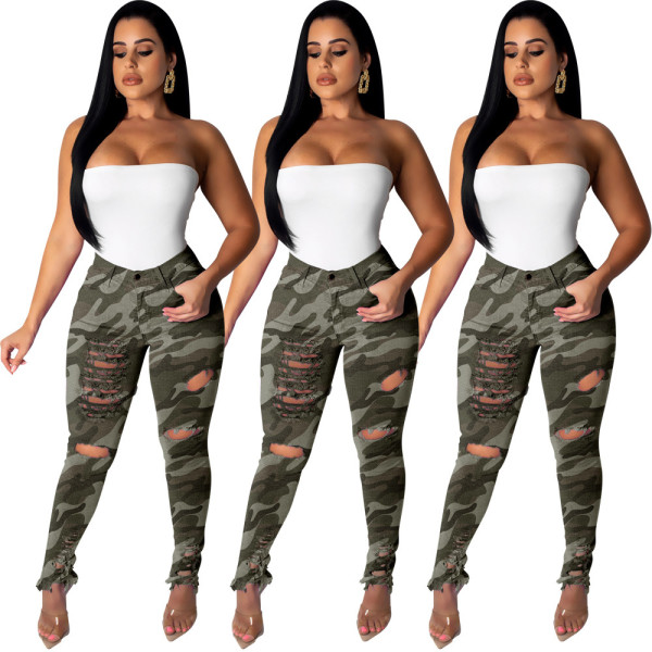 Camouflage Leisure Ripped Hole Women Tight Pants ZH5121