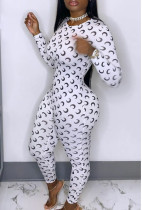 Fashion Pattern Printed Round Neck Long Sleeves Zipper Jumpsuit OMF2015