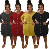 Slim fit can be made cardigan side pockets long sleeve autumn plus size dress OSS20868