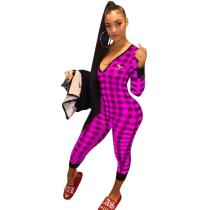 Cheap Women Long Sleeve Plaid V Collar Tight Jumpsuit FA7038