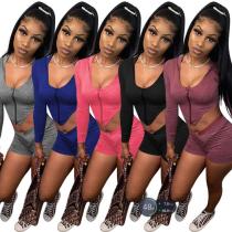 Sports Solid Color Zipper V-Neck Long Sleeves Hooded Mini Top With Shorts Two Piece Set F8300