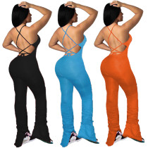 Women's open back strappy pleated slit micro-flared jumpsuit MN8303