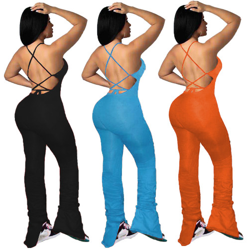 Women's open back strappy pleated slit micro-flared jumpsuit MN8303