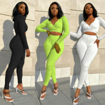 Sexy Solid Color V-Neck Long Sleeves Cropped Top With Trousers Two Piece Set RM8016