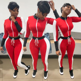 Fashion Contrast Stitching Zipper Long Sleeves Mini Top With Drawstring Trousers Two Piece Set YZM70