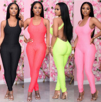 Sexy Solid Color Suspenders U-Neck Backless Bodycon Jumpsuit MD380