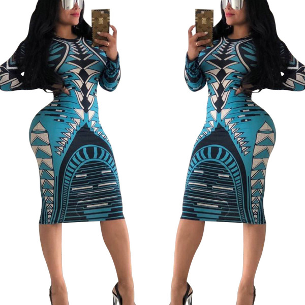 Promotion Geometric Print Long Sleeve Midi Dress XY1874