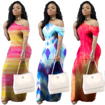 Fashion oblique shoulder gradient multicolor dress MA6337