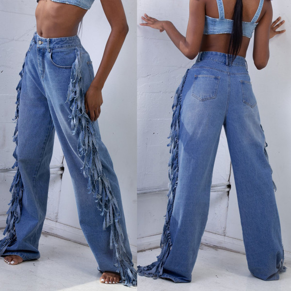 Plus Size Fringed Denim Bottom Acid?Washes Club Straight Pants KA003