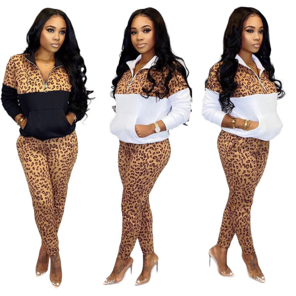 Zipper Women Leopard Print Bodycon Outfits Club Jumpsuit 2pcs SN3736
