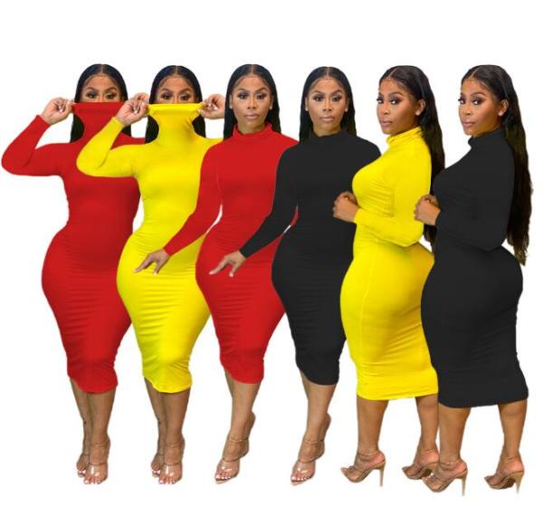 Fashion Solid Color High Collar Long Sleeves Bodycon Midi Dress SH7211