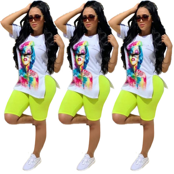 Female Suits Printing Slip T-Shirt Pure Color Mid Shorts SM9033