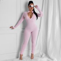 Women's sexy slim long-sleeved jumpsuit Women's all-match solid color deep V-neck revealing body hip