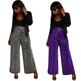 New Design Shiny Belted Casual Wide Leg Pants Club Solid Bottoms F8252