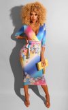 Colorful Ladies Floral Printing Deep V Neck Dress With Belt C2034