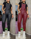 Sexy Solid Color Suspenders Backless PU Leather Jumpsuit K2044