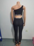 Sexy Letter Printed One Shoulder Mini Top With Trousers Two Piece Set FF1031