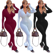 Sexy Lucky Label Embroidery Zipppr V-Neck Long Sleeves Flared Pants Bodycon Jumpsuit QQ5216
