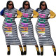Letter Stripes Printed Hoodie Long Sleeve Patchwork Leisure Long Dress ZH5161
