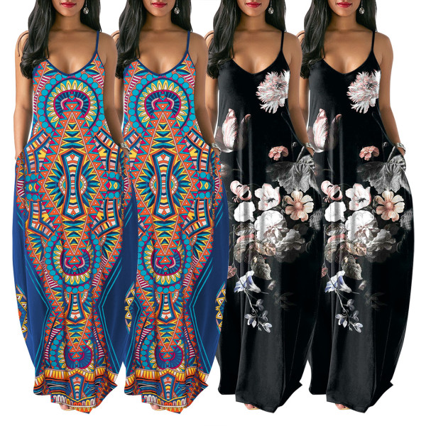 National Style Floral Print Loose Condole Belt Long Dress Q284