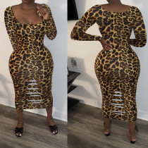 Sexy burnt hole leopard print U-neck mid-length dress HM5357